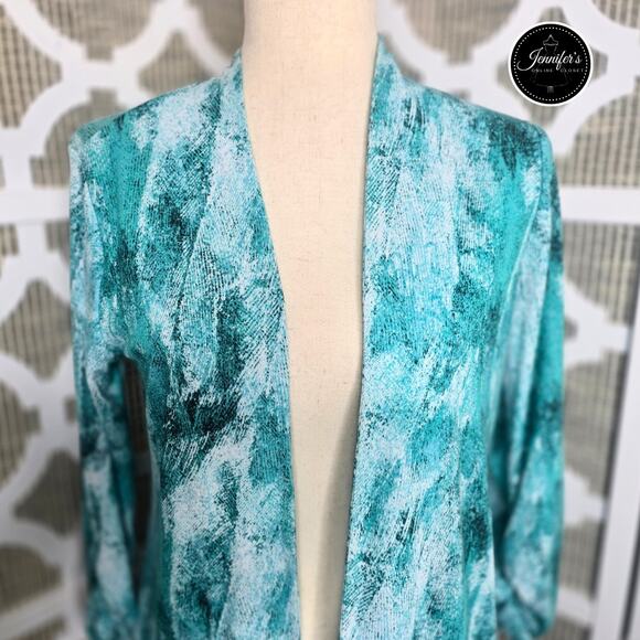 Easy Wear by Chico's Turquoise & White Open Front Cardigan/Jacket Size 0=S/4 - Picture 3 of 9